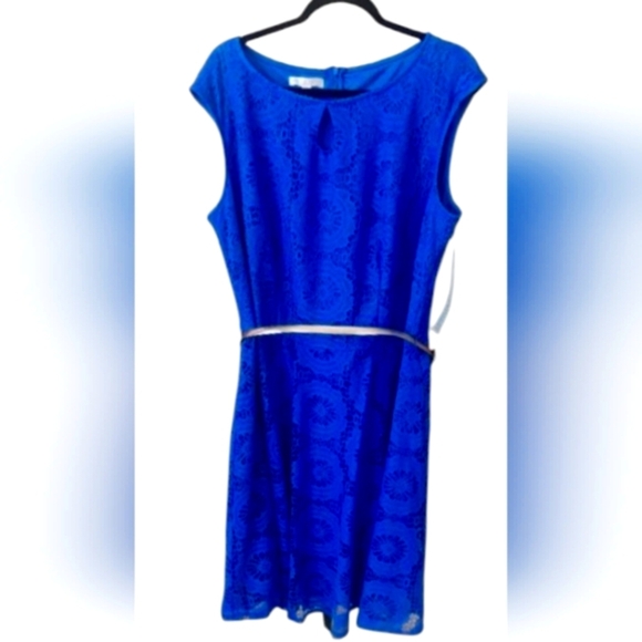 London Times Dress Womens  Blue Lace Belted Keyhole Dress SZ 16W NWT - Picture 1 of 11